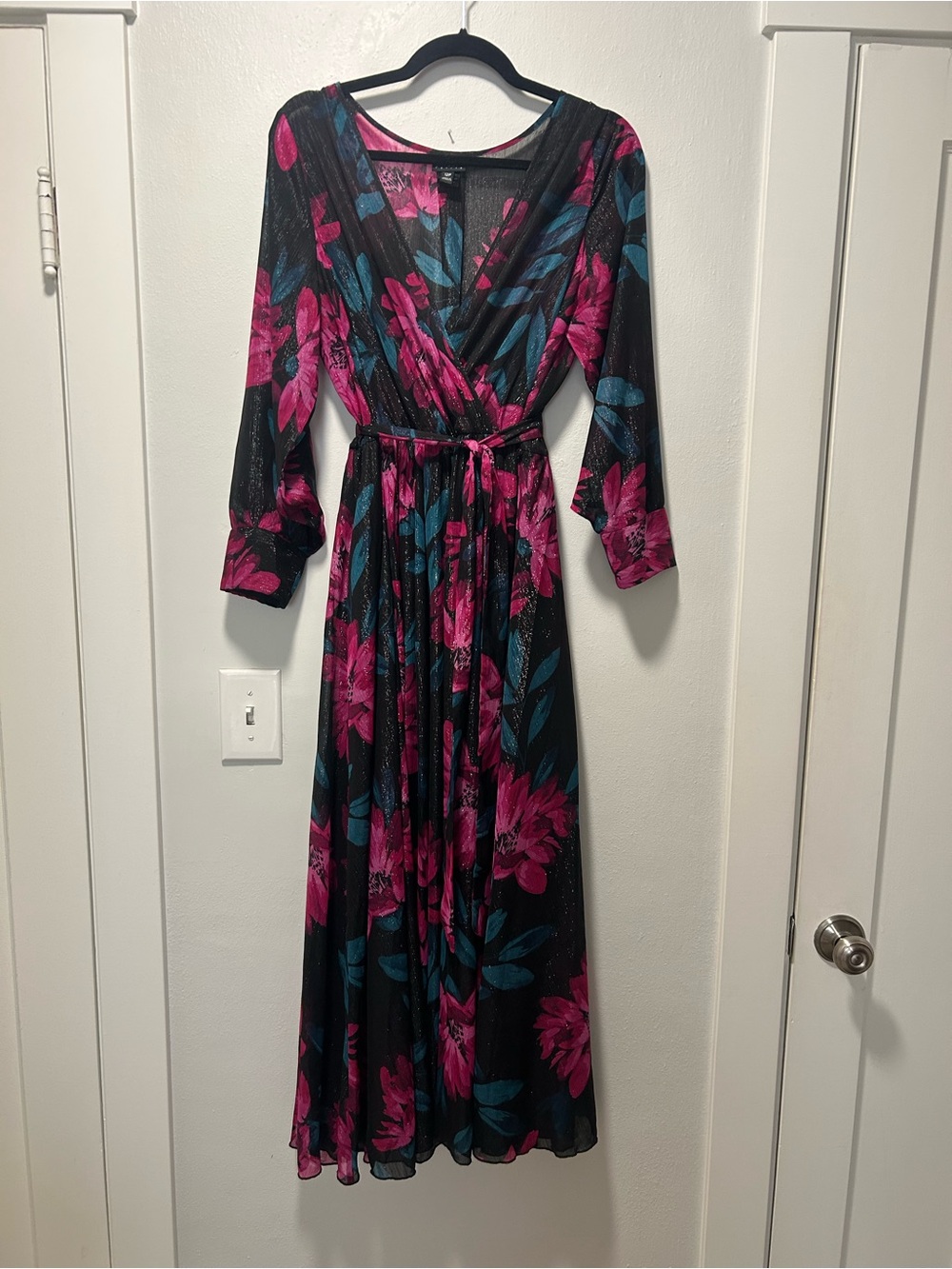 Floral Wrap Maxi Dress - Black with Pink & Teal Accents